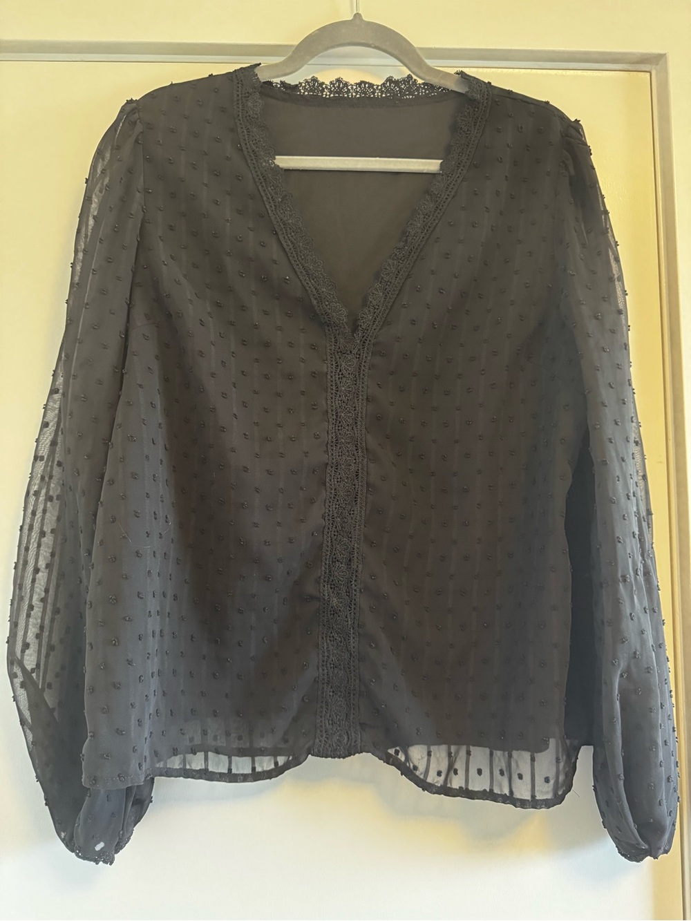 Black Swiss Dot Lace-Trim Long Sleeve Blouse V Neck Size L